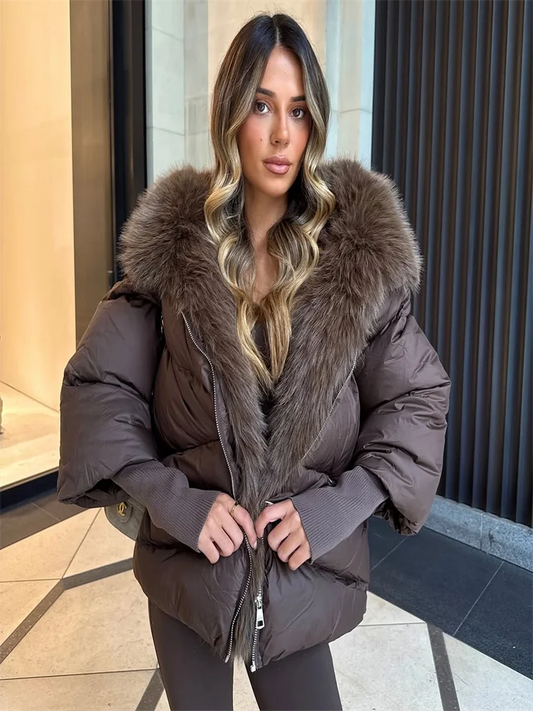 Vintage Women's Fur Coat Elegant Furs Collar Puffer Thicken Full Sleeve Jacket With Furs Female 2025 Autumn Winter Woman Coats