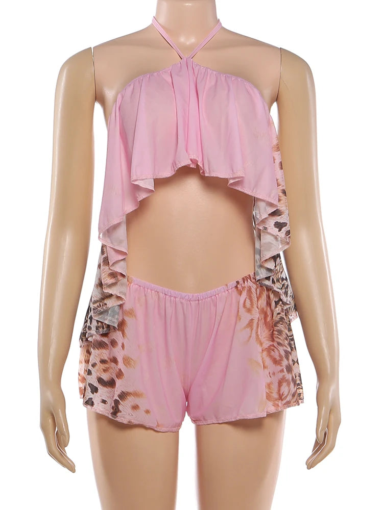 Colorful Print Halter Backless Two Piece Set for Women
