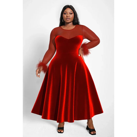 Plus Size Party A-line Midi Dresses Elegant Red Fall Winter Crew Neck Long Sleeve See Through Velvet Midi Dresses