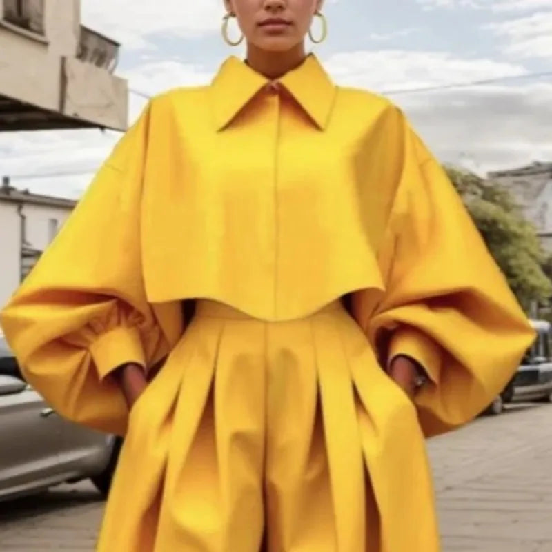 Beautyblue Elegant Women's Coats&Pants Yellow Pant Sets New Casual Buttoned Pleated Lapel Blazer Blouses Pockets Trousers Female