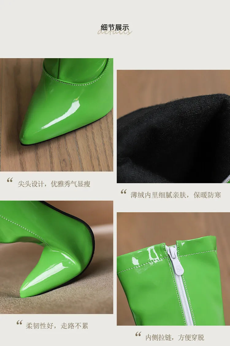 Pointed Toe Soft Patent Leather Side Zipper Stiletto Ankle Boots for Women