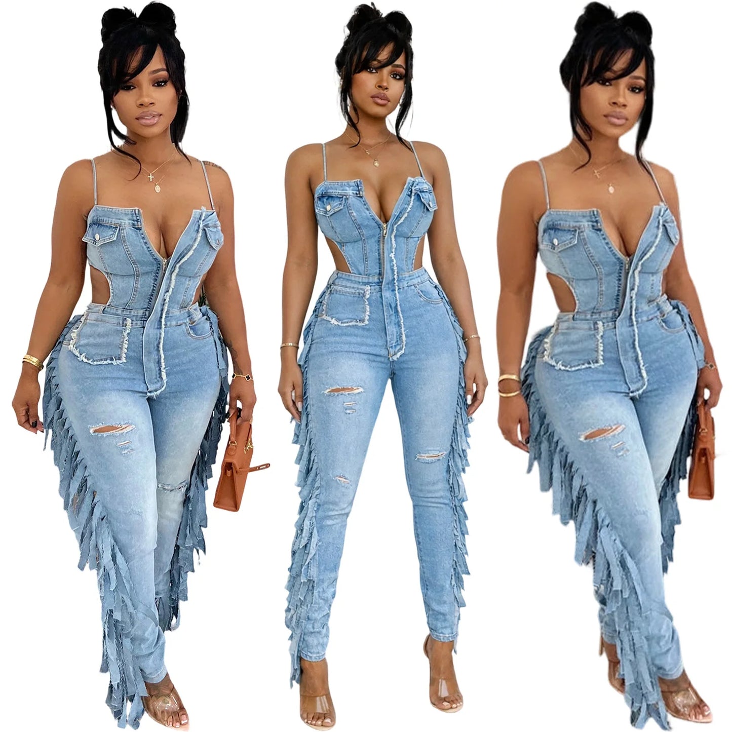 Elegant Strapless Denim Jumpsuit With Tassel Accents For Women