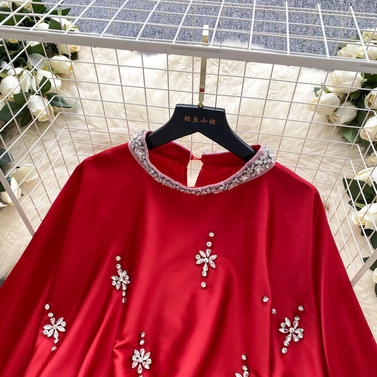 Elegant Beaded Satin Batwing Sleeve Blouse for Women