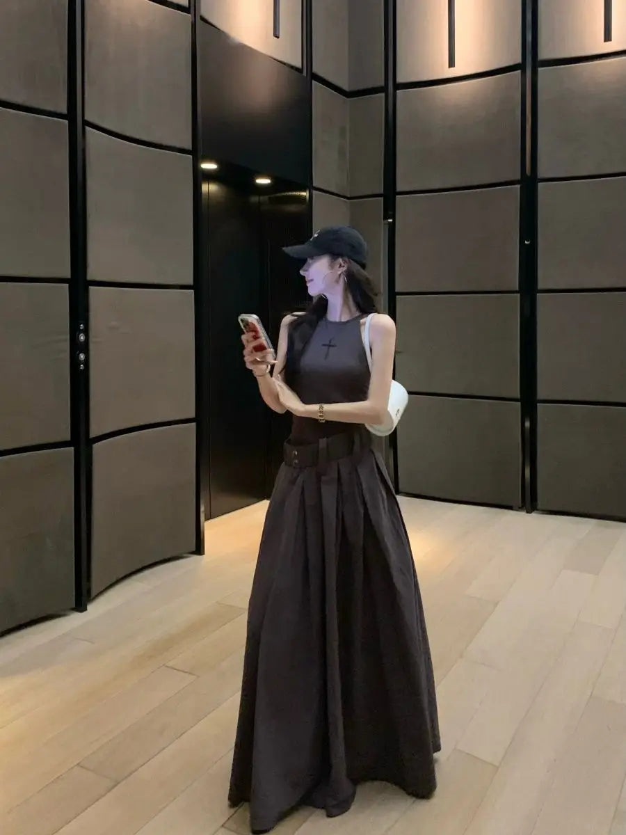 Gray High Waist Button Placket Midi Dress For Women