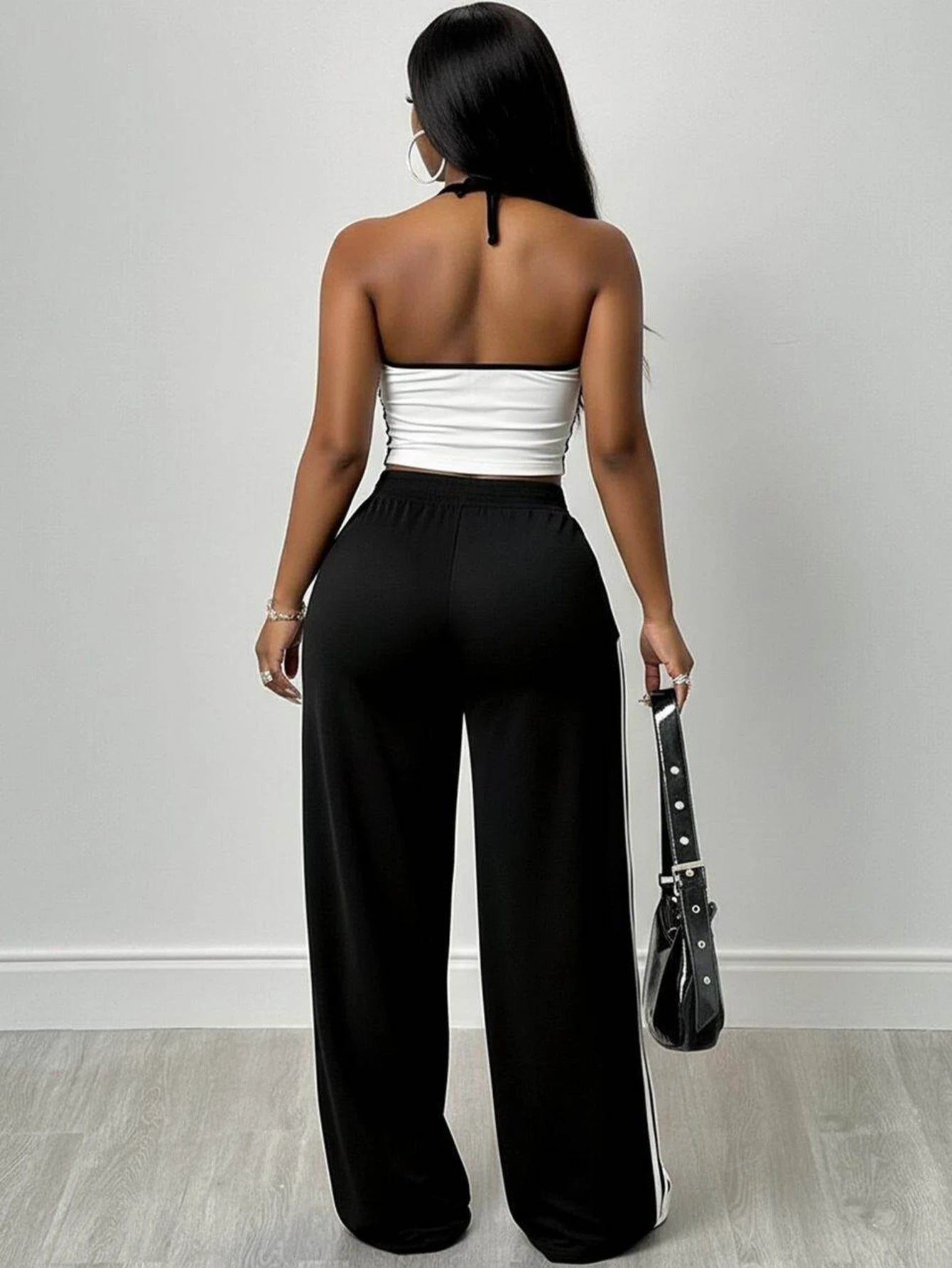 Women Halter Striped Crop Top And Drawstring Wide Leg Pants For Sporty Streetwear Gym And Daily Casual Occasion