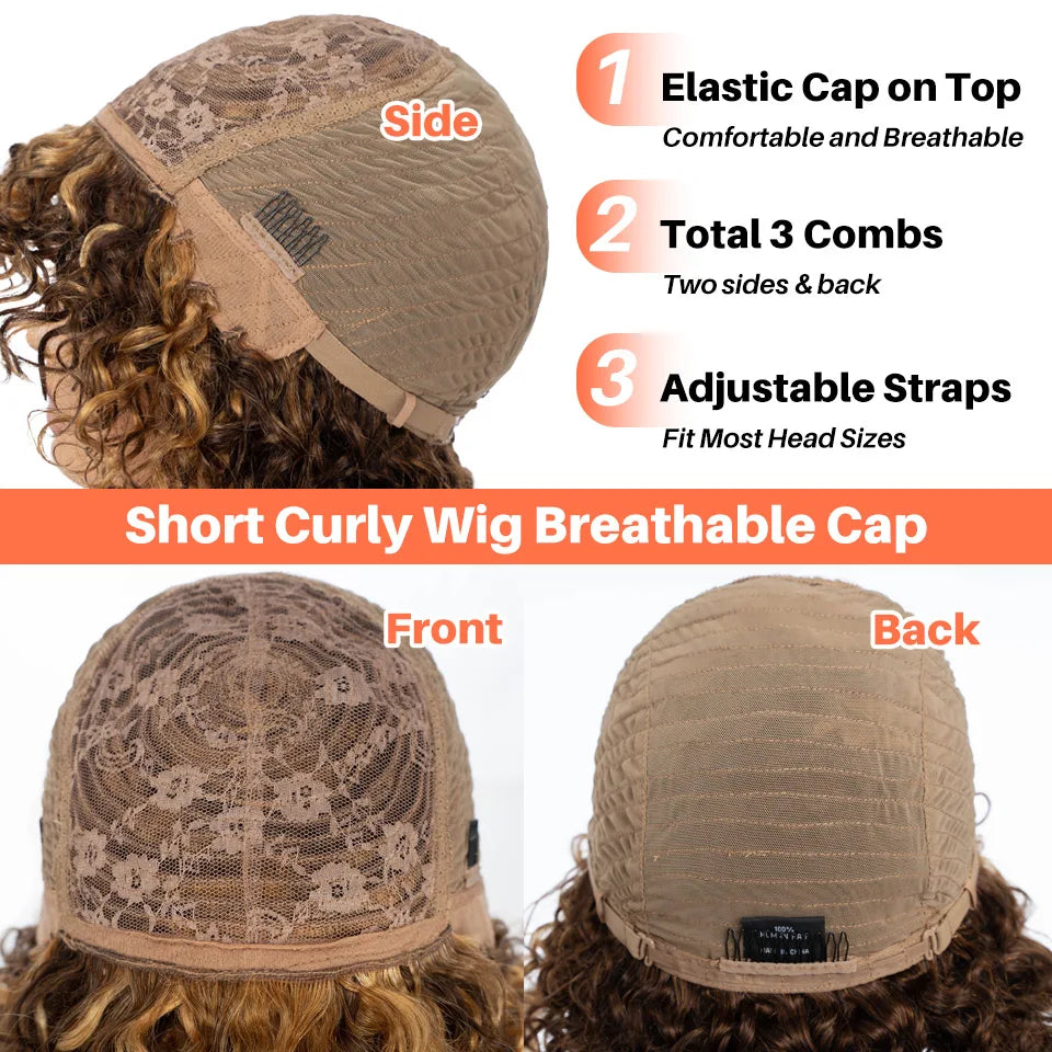 Short Kinky Curly Wig With Bangs And Mixed Highlights For Women