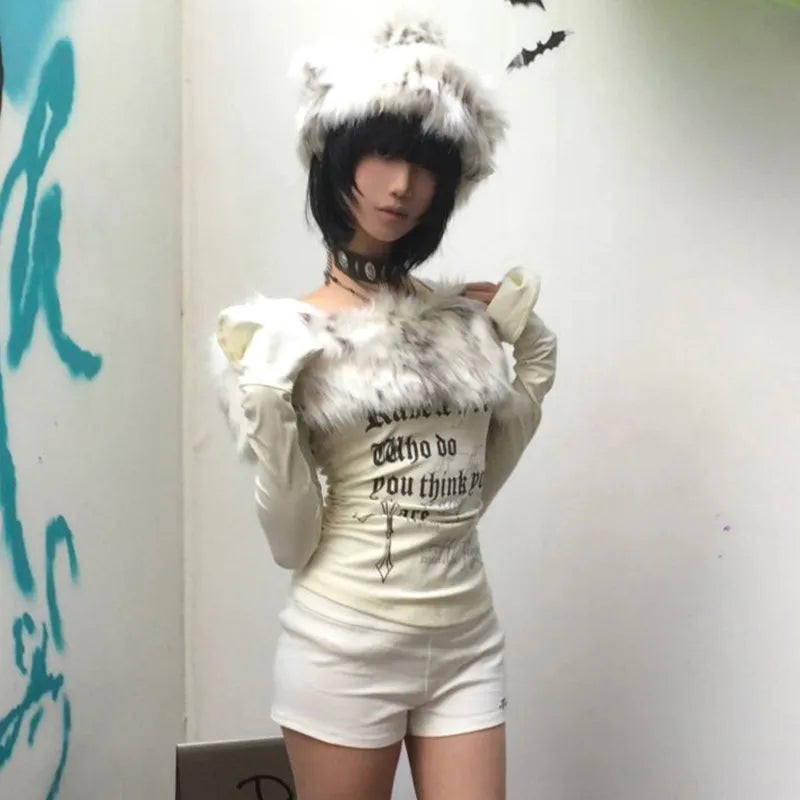 Karrram Japanese Y2k Fur Collar Tops 2000s Aesthetics Off Shoulder Knit Tops Vintage Harajuku Letter Print Long Sleeve T-shirt
