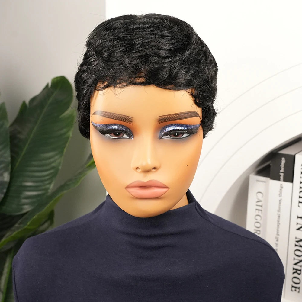 Black Short Straight Brazilian Hair Pixie Wig Preplucked Hairline For Women