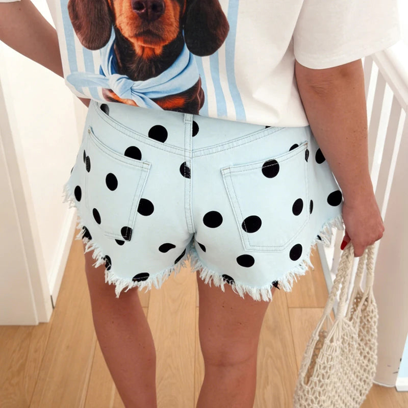 Frill Fringe Design Polka Dot Print Shorts for Women