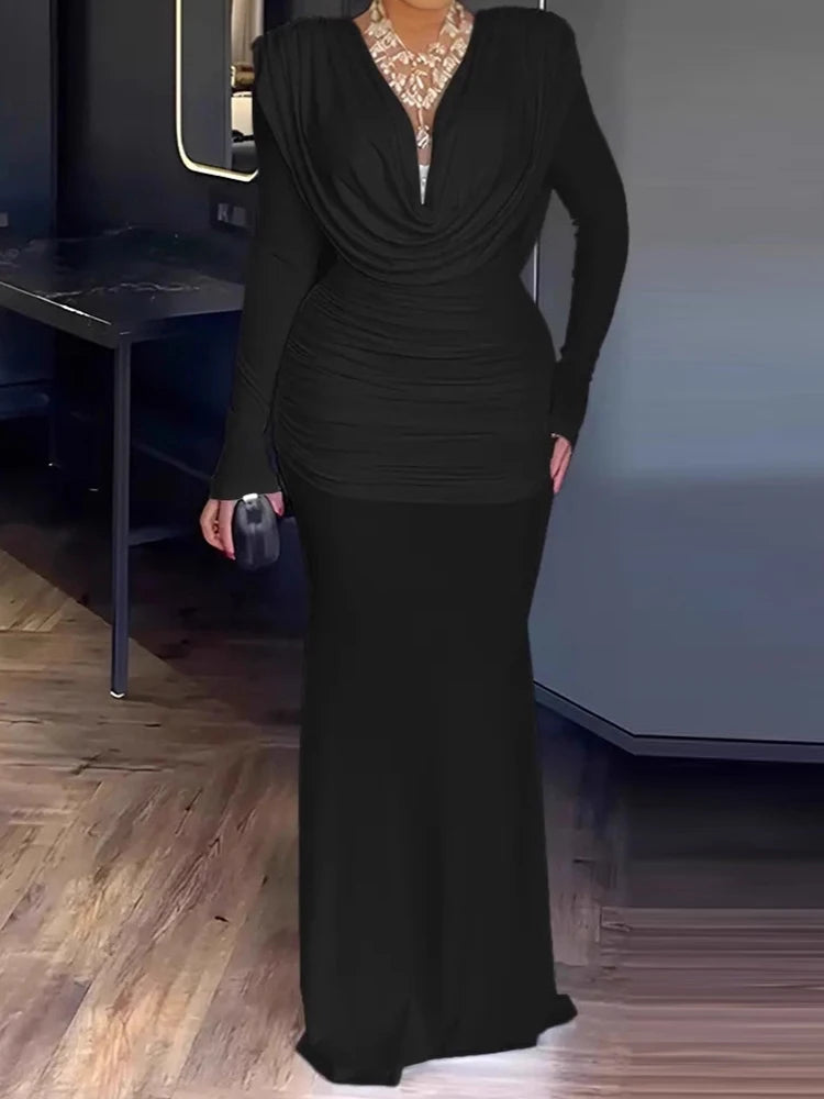Elegant Patchwork V Neck Long Sleeve Maxi Dress for Women