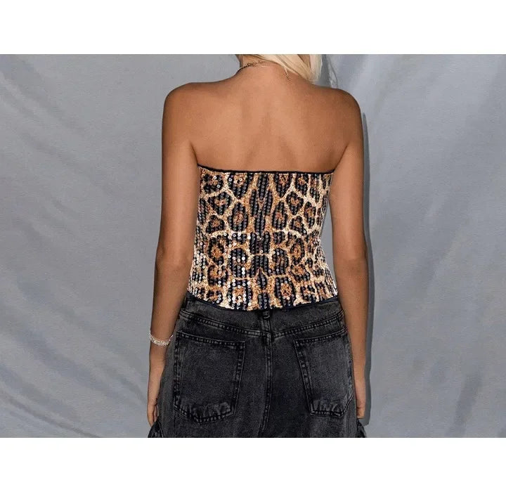 Sleeveless Top for Women Streetwear Slim Fit Type Leopard Print Strapless Sequined Ultra Short Vests Female Summer 2025 New
