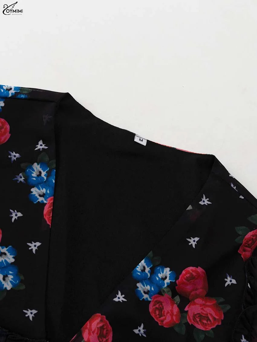 Oymimi Elegant Black Print Two Piece Set For Women Fashion Ruffled Long Sleeve Crop Shirts And Side Slit Floor-Length Skirts Set