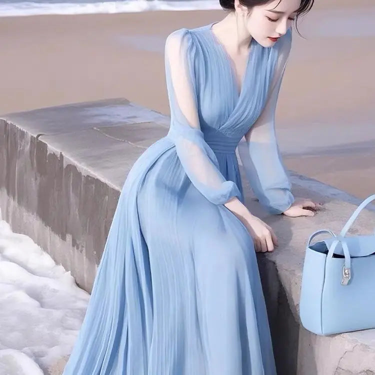 Elegant Blue Chiffon Ankle Length Flowing Dress For Women