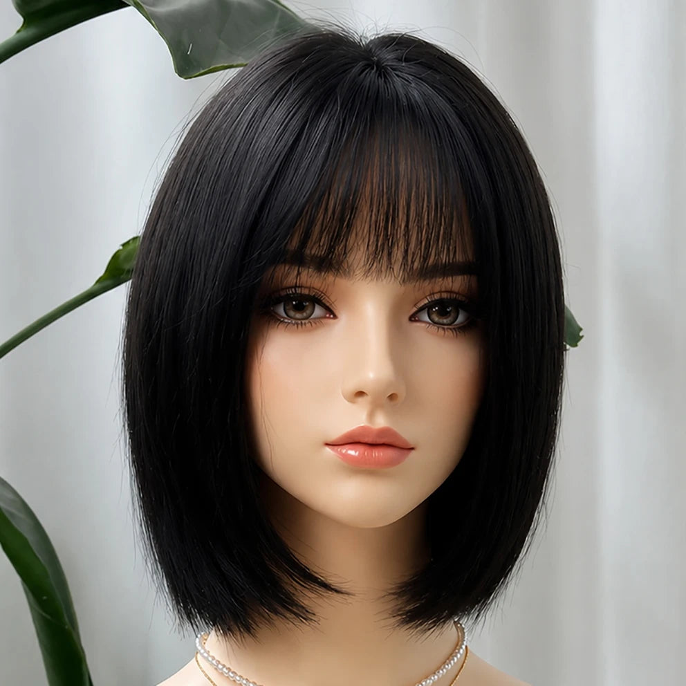 European Virgin Hair Silk Base Short Bob Wig with Air Bangs for Women