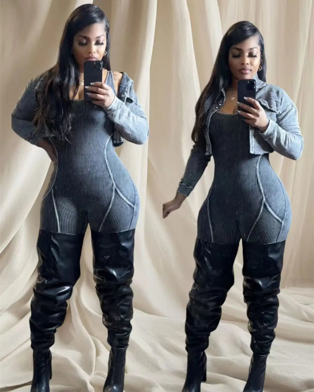 Washed Fabric Two Piece Knit Set