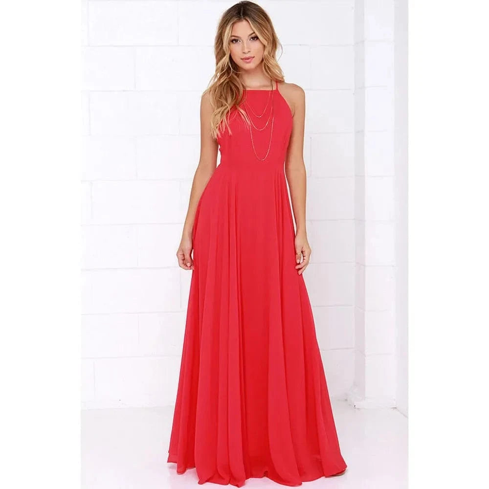 Fashion Women Summer Sleeveless Strap O neck Boho Dress Casual Long Maxi Evening Party Beach Backless Dress Sundress