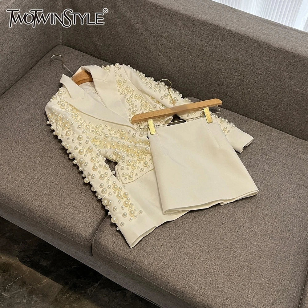 TWOTWINSTYLE Sexy Two Piece Sets For Women V Neck Long Sleeve Spliced Pearl Top High Waist Shorts Chic Set Female New KSE549891