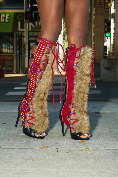 Faux Fur Stiletto Lace Up Boots