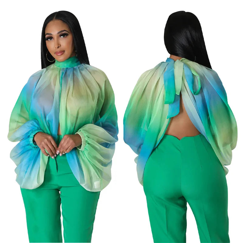 Printed Batwing Sleeve Chiffon Blouse With Sheer Front for Women