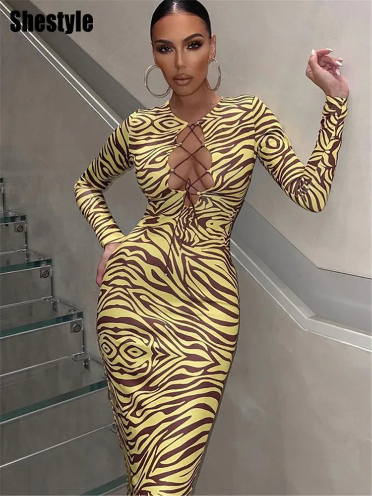 Zebra Print Hollow Out Bodycon Midi Dress for Women