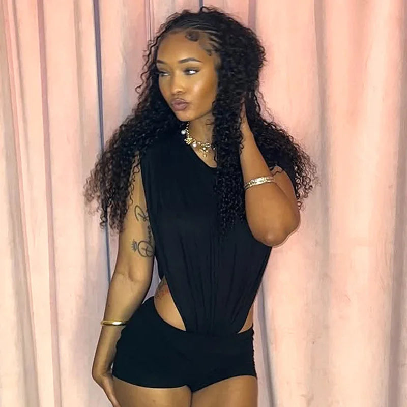 Joskaa 2025 Women's Black Two Piece Set Sexy Crew Neck Sleeveless Side Cutout Bodysuits and Bodycon Shorts Suits Y2K Streetwear
