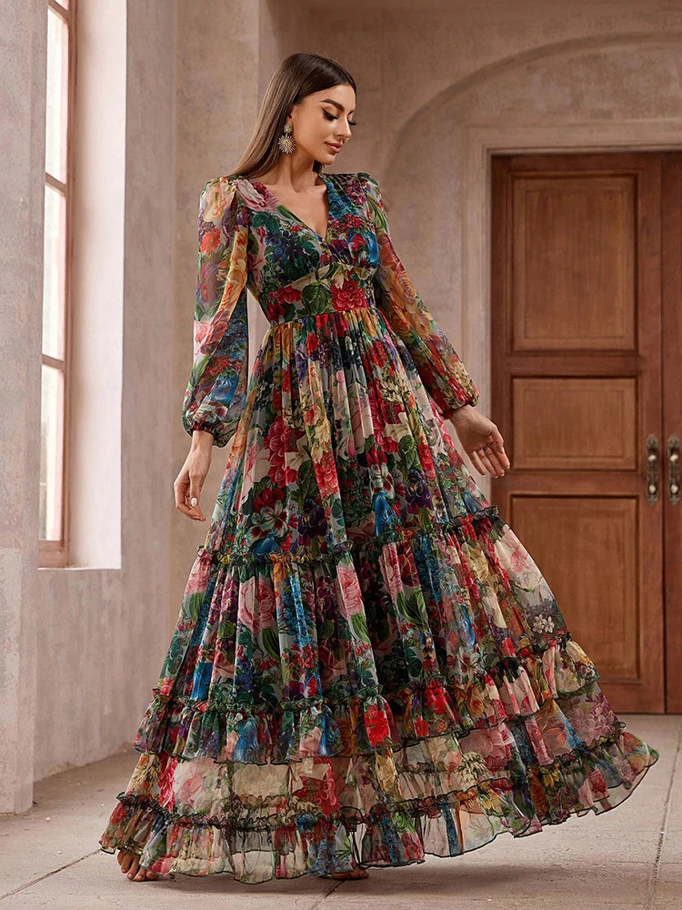 TOLEEN 2024 New Casual Elegant Boho Vacation Party Dresses Women's Vintage Floral Print Long Sleeve Frill Trim Summer Maxi Dress