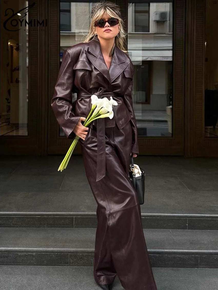 Oymimi Vintage Wine Red Pu Leather Womens 2 Piece Outfit Set Elegant Long Sleeve Lace-Up Shirts And Straight Simple Trousers Set