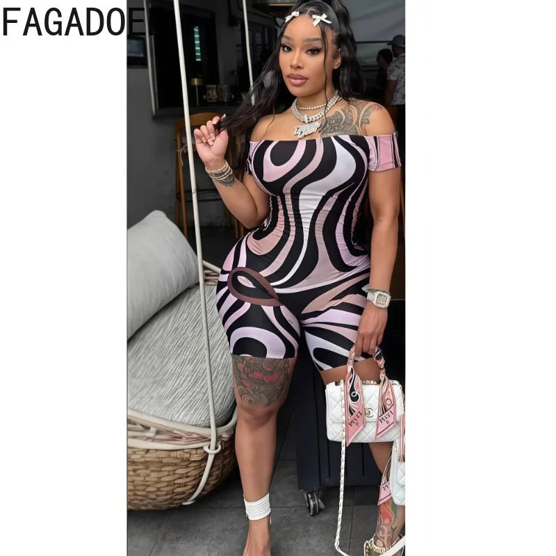 FAGADOER Sexy Stripe Print Bodycon Romper Women Off Showlder Backless One-piece Jumpsuits Hot Girl Streetwear Overalls 2025 New