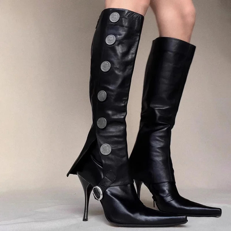 Button Detail Pointed Toe Knee High Boots for Women