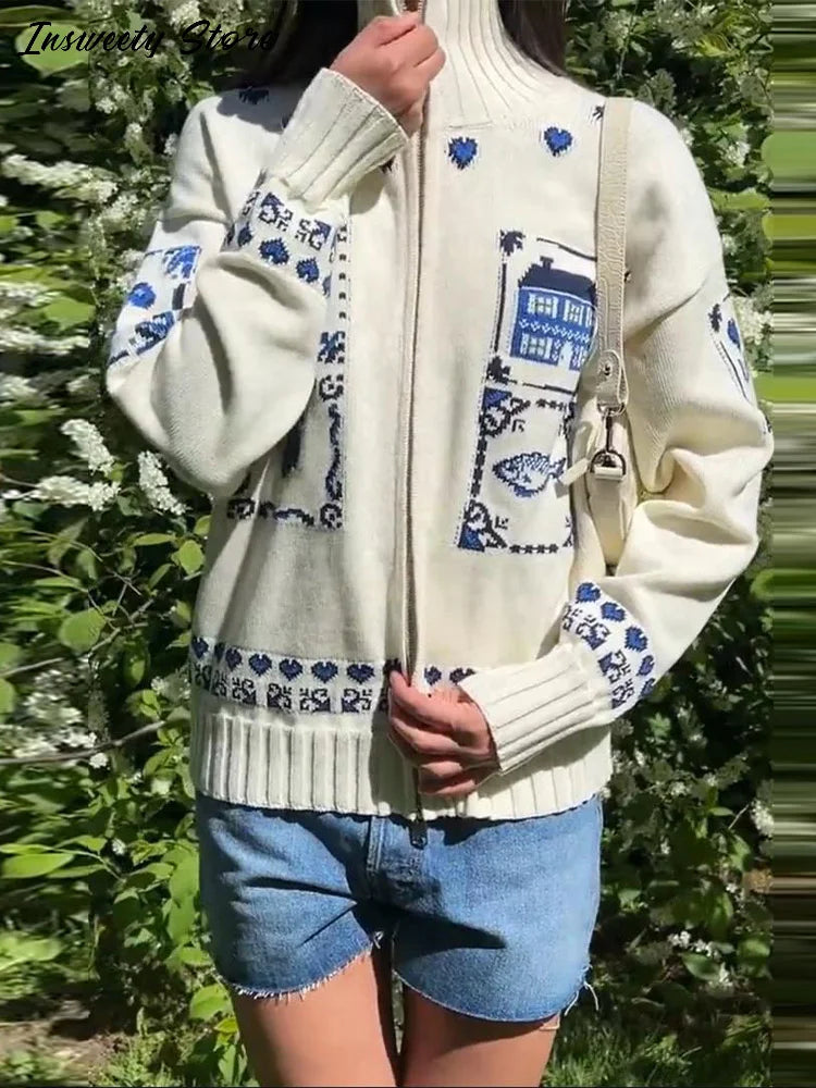 Blue Jacquard Stand Collar Zipper Cardigan for Women