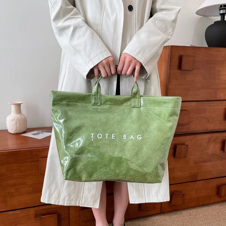 Kraft paper jelly waterproof bag, women's new retro commuting large capacity DuPont paper tote bag