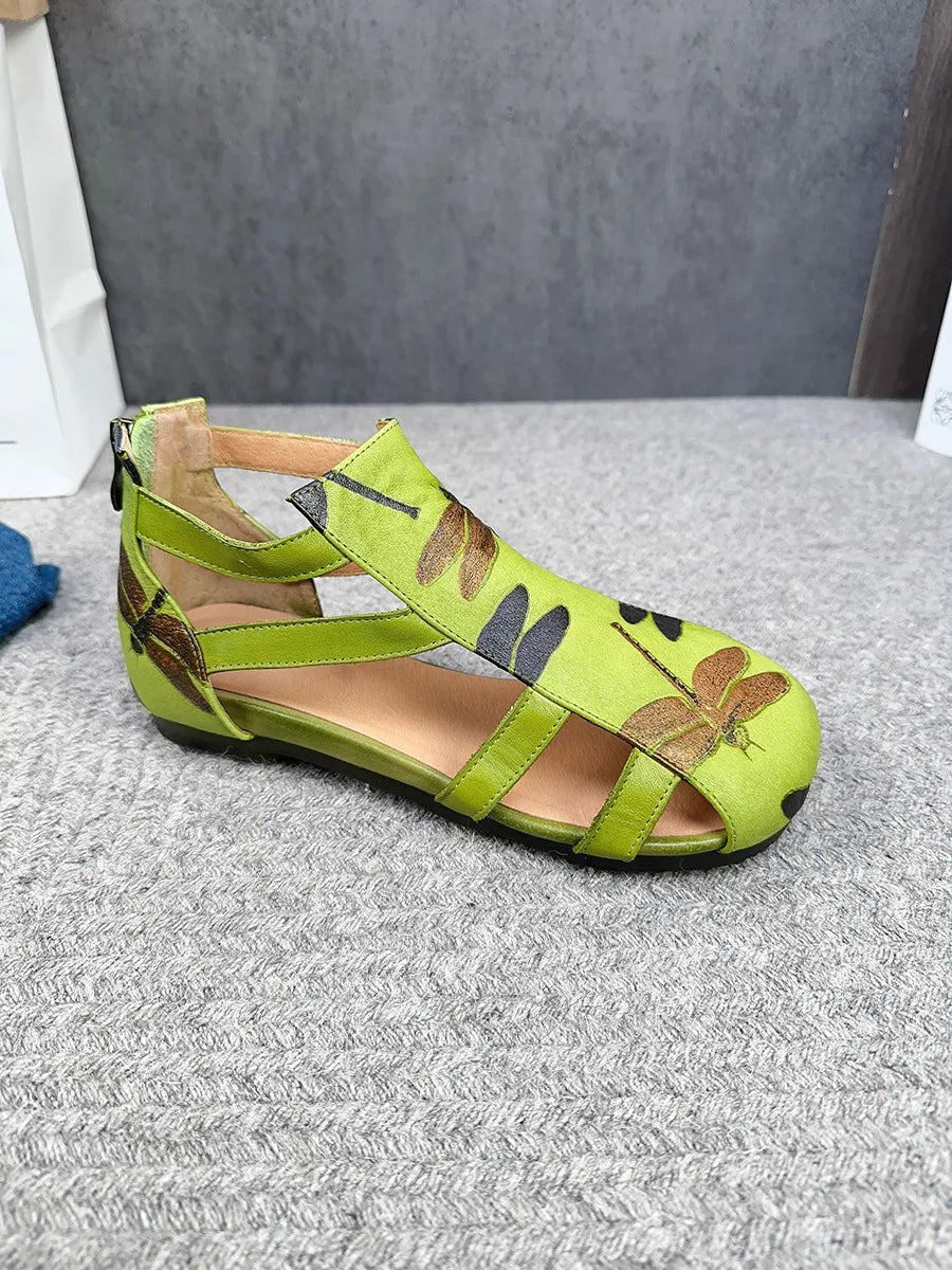 Flat Printed Genuine Leather Roman Sandals for Women