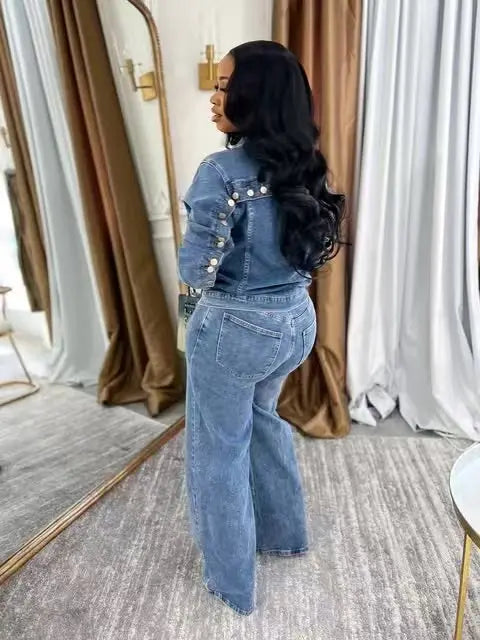 Denim Jacket And Straight Leg Pants Set