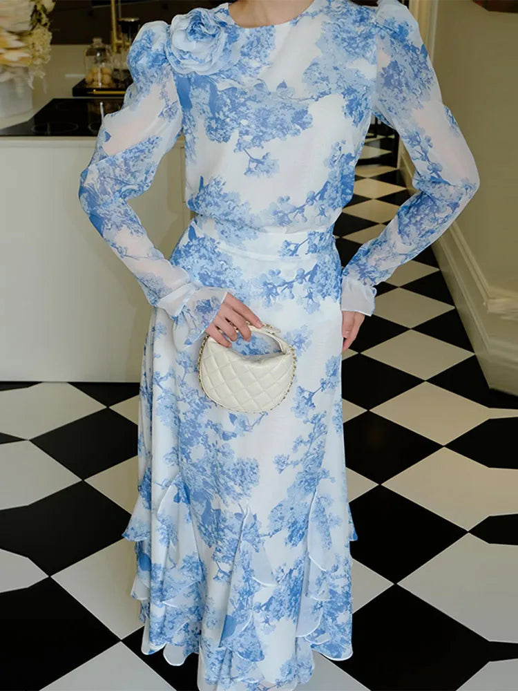 Cascading Ruffle Print Long Sleeve Maxi Dress for Women