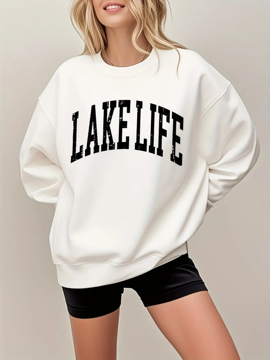 Women's Casual Fashion Sports Lake Life Letter Pattern Printed Hoodie Round Neck Pullover Suitable for Holiday Gifts Sweatshirt