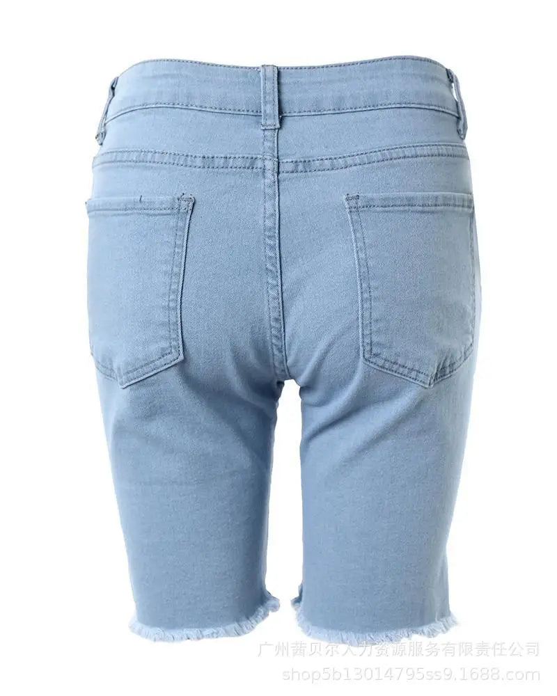 Casual Slim Knee Length Patchwork Denim Shorts for Women