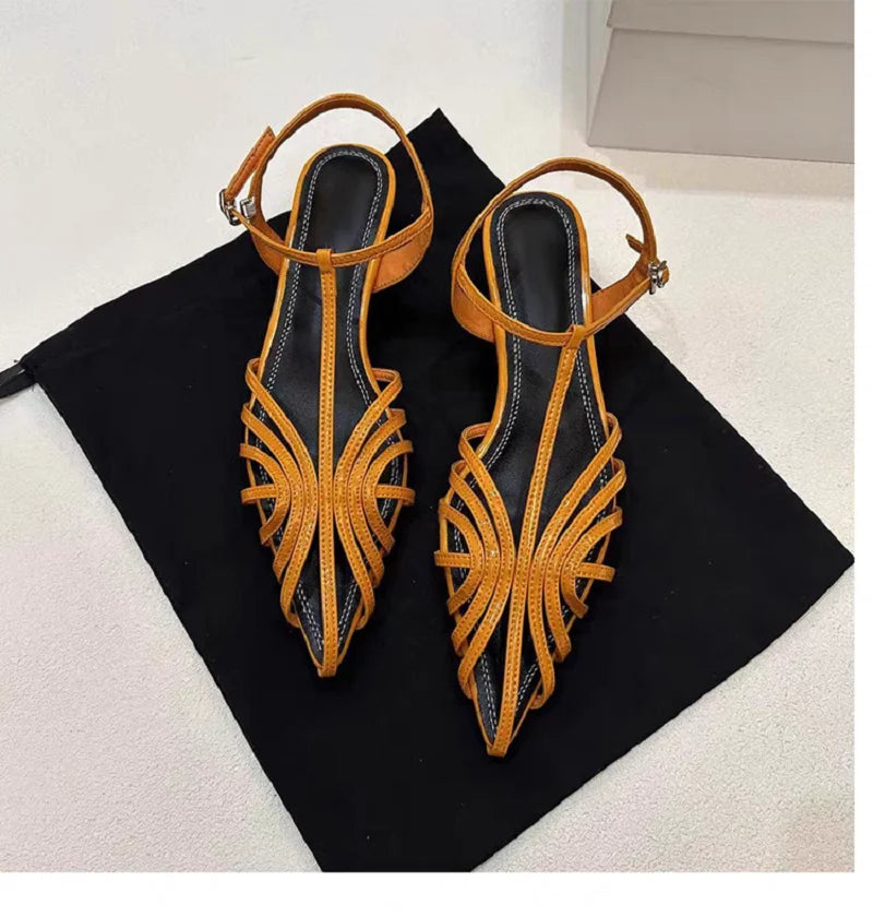 Narrow Band Pointed Toe Kitten Heel Sandals for Women