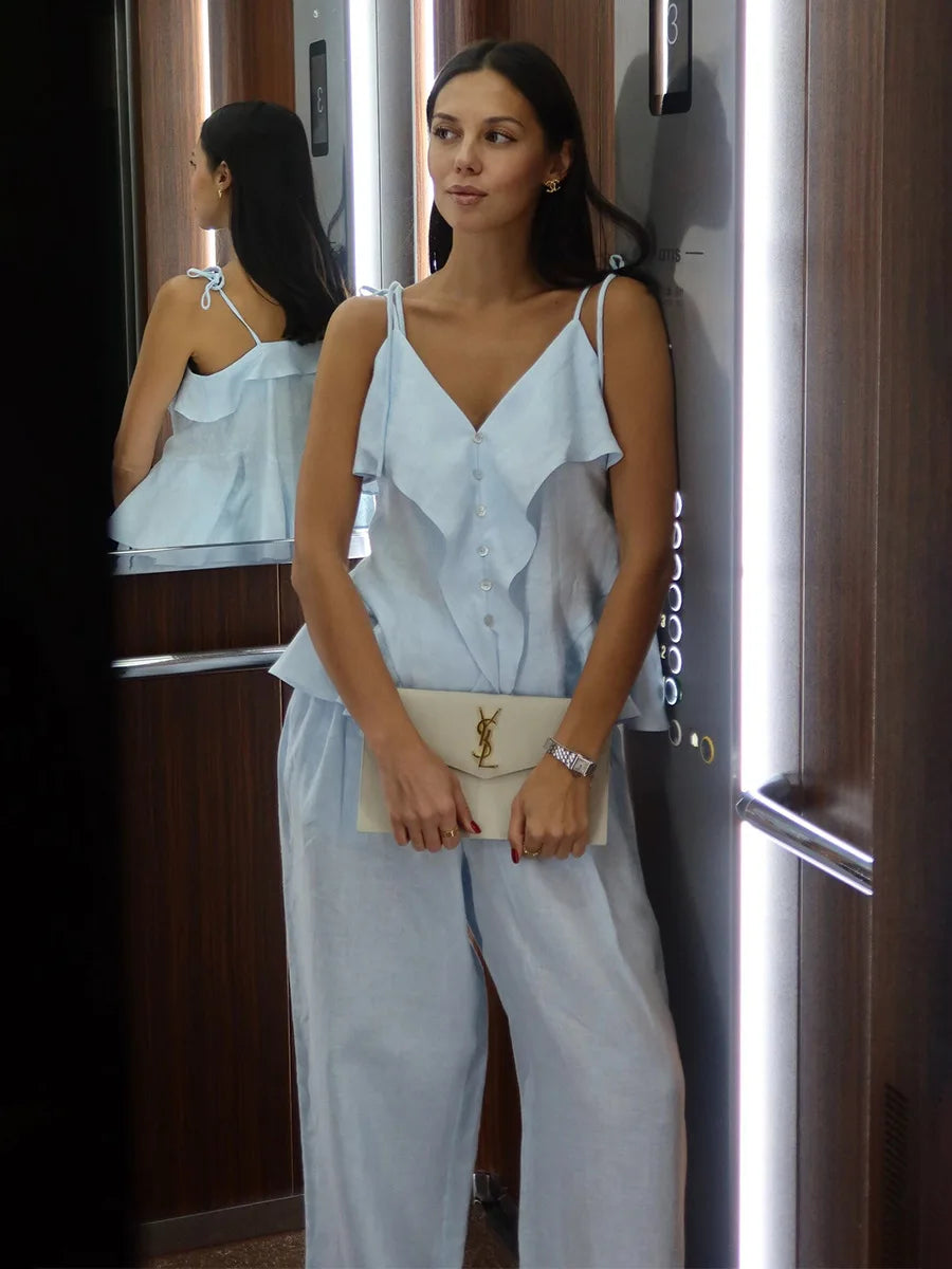Casual Solid Color Cotton Top And Wide Leg Pants Set for Women