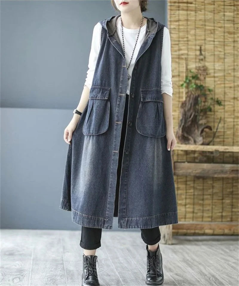 Loose Fit Hooded Denim Vest With Big Pockets For Women