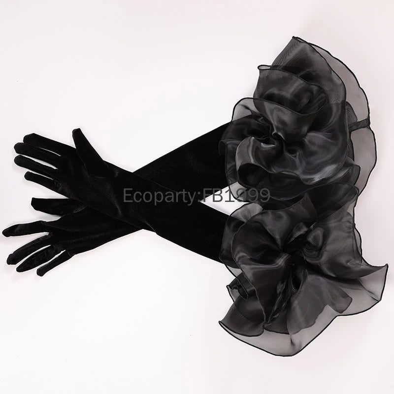Elegant Velvet Elbow Length Ruffle Gloves for Women
