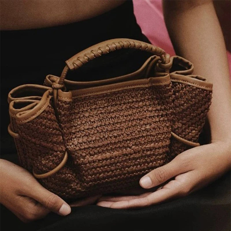 Luxury Brown Leather Braided Handbag Niche Exquisite Versatile Pleated Shoulder Bag Women's Fashion Brand Solid Color Bucket Bag