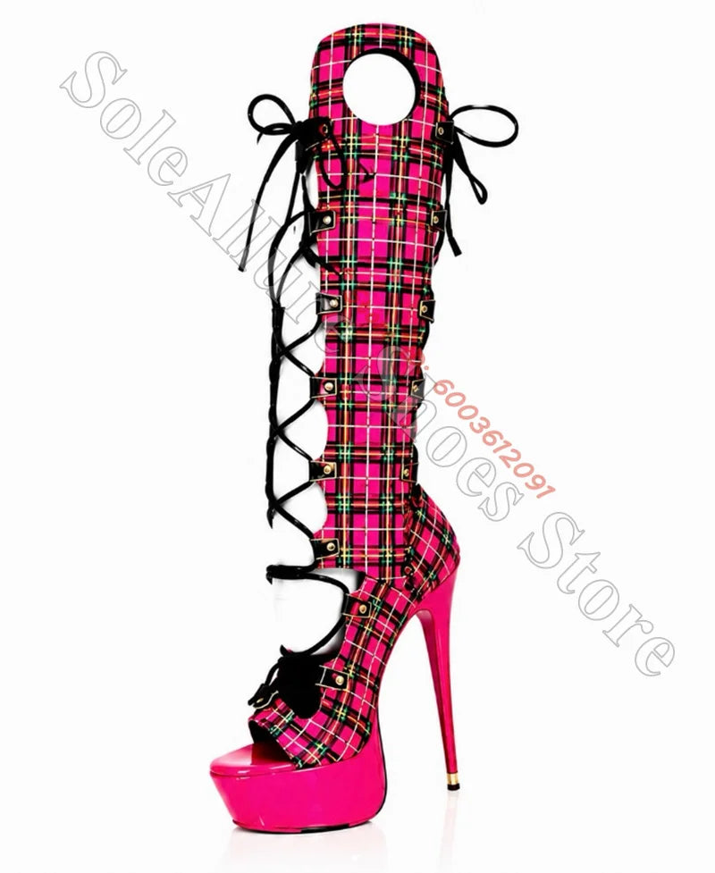 Hot Pink Tartan Corset Lace-Up Platform Thigh High Boots for Women