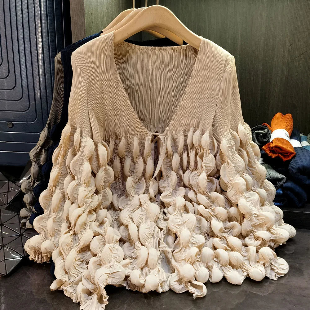 Elegant Lace Up Pleated Long Sleeve Coat for Women