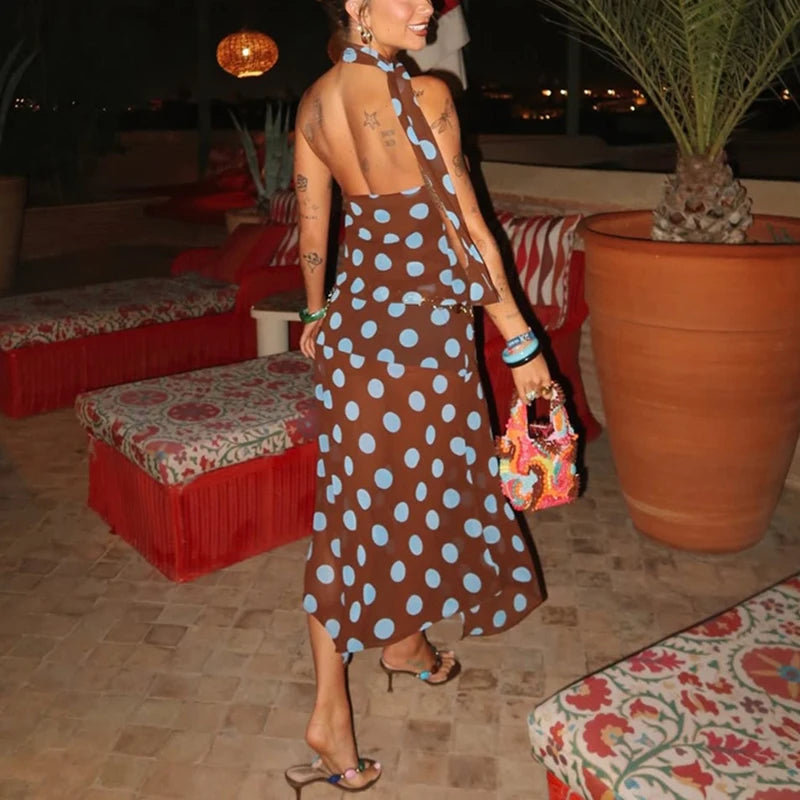 Polka Dot Halter Chic Crop Top And Skirt Set for Women