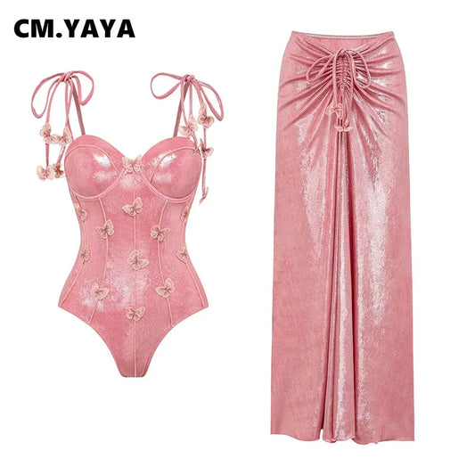 CM.YAYA Women Swimwears Butterfly Beach Strapless Swimsuit + Long Skirt Holiday Summer Two 2pcs Set Bikinis Set Bathing Suit