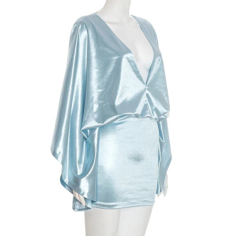 Chic Satin V Neck Bat Sleeve Elegant Mini Dress for Women