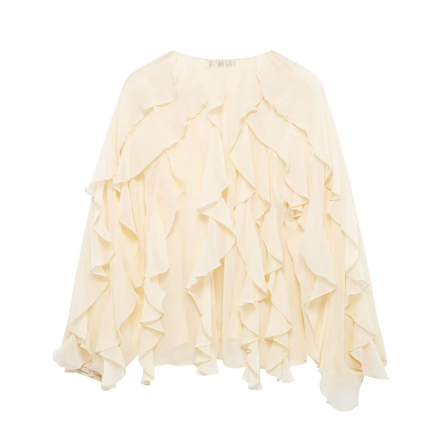 TRAFZA 2025 Women Elegant Solid Ruffles Blouse Spring Female V-Neck Long Sleeved Gauze Shirt Casual Hollow Out Lady Clothes