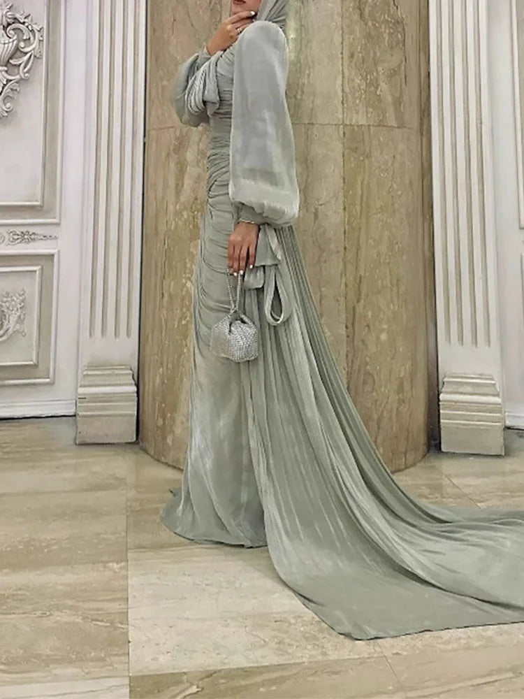 Lantern Sleeve Pleated Maxi With Lace Up O Neck Dress for Women