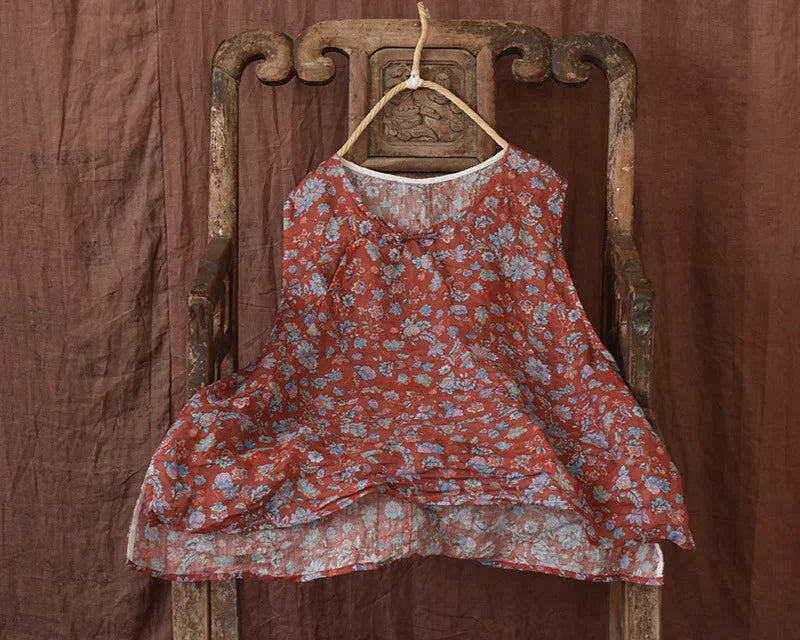 Casual Linen Tank Top With Vintage Floral Print for Women