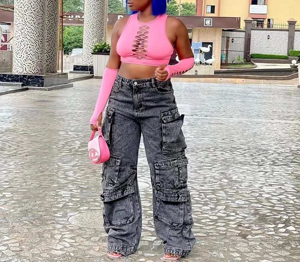High-Waisted Loose-Fit Multi-Pocket Cargo Jeans for Women